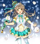  bad_id bad_pixiv_id bird blush bow bowtie brown_hair crown feathers idol long_hair love_live! love_live!_school_idol_project midriff minami_kotori mtr_333 navel open_mouth skirt solo sparkle thighhighs wand yellow_eyes 