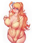  :o blonde_hair blue_eyes blush breasts cleavage clothes_pull collarbone covered_nipples curvy fumio_(rsqkr) galko hair_bun huge_breasts long_hair looking_at_viewer naked_sweater no_bra open_mouth oshiete!_galko-chan plump side_ponytail simple_background solo sweater sweater_pull teeth thick_thighs thighs white_background wide_hips 
