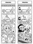  1girl 2boys 4koma barret_wallace comic deci deci_(ffrk) english final_fantasy final_fantasy_record_keeper gameplay_mechanics gatling_gun greyscale gun heart heart-shaped_pupils highres licking monochrome multiple_boys sexually_suggestive staff symbol-shaped_pupils tina_branford tyro weapon yanfly 