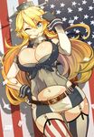  ;p american_flag blonde_hair blue_eyes breasts cleavage dojikko_pose elbow_gloves flag_background garter_straps gloves hair_between_eyes hand_on_hip iowa_(kantai_collection) kantai_collection large_breasts long_hair miniskirt one_eye_closed skirt smile solo suruga_kreuz thighhighs tongue tongue_out zettai_ryouiki 