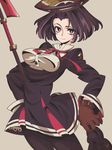  adjusting_clothes adjusting_shoe bad_id bad_pixiv_id belt bow glaive gloves highres kantai_collection leather leather_gloves looking_at_viewer maikeru_(dk_maikel) pantyhose pleated_skirt purple_eyes purple_hair school_uniform short_hair skirt smile solo tatsuta_(kantai_collection) weapon 