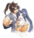  1girl aritani_mahoro armband bare_shoulders black_hair blue_eyes blue_hair brown_hair business_suit clenched_hand fingerless_gloves formal gloves guan_yinping headband looking_at_viewer open_mouth ponytail smile suit tensei_sangokushi traditional_media upper_body white_background zhao_yun 