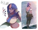  3girls abs aged_down arm_behind_back bare_shoulders before_and_after borrowed_character breasts character_request chibi chibi_inset color_guide commentary crossover dark-skinned_female dark_skin english_commentary english_text goggles_around_arm hair_down highres holding holding_surfboard large_breasts multicolored_hair multiple_girls nyantcha ocean orange_hair original purple_hair sidelocks single_sock socks solo_focus speech_bubble strapless streaked_hair surfboard swimsuit toeless_socks toned toned_female tube_top very_dark_skin waves wet wet_hair yorra_villeneuve_(nyantcha) yosemi_(scruffyturtles) 