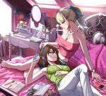  2girls absurdres animal_print arm_support barefoot bedroom blonde_hair blue_ribbon blunt_bangs book bottle bracelet breasts brown_hair bubbles_(ppg) chair character_doll cleavage closed_mouth commentary computer couple crop_top cropped_shirt desk diary doll english_commentary fingernails green_eyes green_shirt grey_eyes hair_ribbon hand_on_own_stomach hand_up highres holding holding_mp3_player indoors jewelry lap_pillow laptop large_breasts leopard_print looking_at_another looking_down looking_up lying magazine_(object) medium_hair midriff mirror mp3_player multicolored_nails multiple_girls nail_polish navel necklace on_bed open_book original pants phone photo_(object) picture_frame pile_of_books pillow pink_tube_top playing_with_another's_hair ponytail powerpuff_girls print_pillow print_shirt reclining ribbon shirt skylight sleeveless sleeveless_shirt slice_of_life smile star_(symbol) strapless striped_ribbon tofufuyu0112 tube_top wallpaper_(object) watch white_pants window wristwatch yuri 