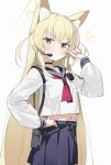  1girl animal_ear_fluff animal_ears blonde_hair blue_archive blush green_eyes green_halo halo headset highres kurumi_(blue_archive) long_hair long_sleeves looking_at_viewer measho midriff navel neckerchief red_neckerchief school_uniform serafuku shirt simple_background solo triangle_halo two_side_up very_long_hair white_background white_shirt 