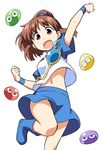  :d anbe_masahiro arle_nadja arm_up blue_skirt boots brown_eyes brown_hair creature leg_up midriff navel open_mouth ponytail puyo_(puyopuyo) puyopuyo short_hair simple_background skirt smile standing standing_on_one_leg stomach white_background wristband 