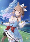 +_+ 1girl absurdres almond_eye_(the_changer)_(umamusume) almond_eye_(umamusume) animal_ears bare_shoulders blue_dress blue_eyes blue_gloves blue_sky blush bow_hairband braid braided_sidelocks breasts brown_hair checkered_collar cleavage cloud colored_inner_hair commentary_request detached_sleeves dress fingerless_gloves gloves hair_ornament hairband hairclip highres horse_ears horse_girl horse_racing_track horse_tail large_breasts long_hair looking_at_viewer multicolored_hair outdoors parted_lips red_button sidelocks sky smile solo symbol-shaped_pupils taikoi7 tail umamusume white_hairband x-shaped_pupils 