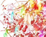  blonde_hair bloomers crystal flandre_scarlet flower full_body glowing hat hat_ribbon laevatein mary_janes mob_cap open_mouth petals puffy_sleeves razuberii red_eyes red_flower red_rose ribbon rose shirt shoes short_sleeves side_ponytail skirt skirt_set socks solo touhou underwear vest white_background white_legwear wings 