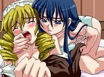  2girls blonde_hair blue_eyes blue_hair blush closed_eyes drill_hair finger_licking foreshortening hair_between_eyes himemiya_chikane kannazuki_no_miko kisaragi_otoha licking lowres maid multiple_girls oekaki open_mouth parted_lips saliva sanshita tears teeth undressing yuri 