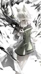  1girl absurdres animal_ear_fluff animal_ears arknights bare_shoulders closed_mouth commentary dress english_commentary feet_out_of_frame green_eyes green_hair highres kal'tsit_(arknights) layered_dress luozhou_pile mon3tr_(arknights) mon3tr_(summon)_(arknights) multicolored_hair off_shoulder short_hair_with_long_locks simple_background solo standing star_of_life stethoscope stethoscope_around_neck streaked_hair turning_head white_background white_hair 