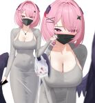  1girl 4kebidayo absurdres bag black_bow black_wings blush bow breasts cleavage commentary_request dongtan_dress dress grey_dress hair_bow highres holding holding_bag holding_phone jewelry large_breasts mask medium_hair mouth_mask multiple_hair_bows multiple_views necklace phone pink_hair pointy_ears purple_eyes ramiel_(zenless_zone_zero) simple_background white_background wings zenless_zone_zero 