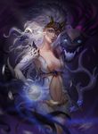  bodysuit bow_(weapon) breasts cleavage forehead_protector glowing humanization kindred lamb_(league_of_legends) league_of_legends lipstick long_hair makeup medium_breasts monster navel open_mouth orb silver_hair solo weapon yaomao 