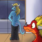 1:1 anthro blonde_hair blood blue_body blush bodily_fluids bottomwear bottomwear_down bushiroad clothed clothing dragon drum_bunker_dragon duo embarrassed future_card_buddyfight fuze hair hi_res horn looking_at_another's_butt male multicolored_body mythological_creature mythological_scalie mythology nosebleed orange_body pants pants_down pants_only partially_clothed qinus_axia red_body scalie tail topless two_tone_body