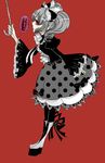  1girl bow explode-m_(rib) magical_girl magical_girl_apocalypse mahou_shoujo_of_the_end monochrome platform_footwear red_eyes ribbon simple_background solo spot_color translation_request twintails 