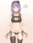  5ya :q animal_band_legwear bell bell_choker black_legwear black_panties blue_eyes blush breasts cat_band_legwear cat_cutout cat_ear_panties cat_lingerie choker cleavage cleavage_cutout dagashi_kashi flower gradient gradient_background hair_flower hair_ornament heart highres jingle_bell looking_at_viewer medium_breasts meme_attire navel panties pink_background purple_hair shidare_hotaru short_hair side-tie_panties solo spoken_heart thighhighs tongue tongue_out underwear 