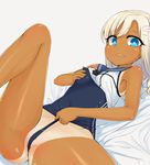  ass bad_id bad_pixiv_id blonde_hair blue_eyes breasts crop_top flower hair_flower hair_ornament highres kantai_collection leg_up looking_at_viewer lying nipples on_back one-piece_tan open_mouth pussy ro-500_(kantai_collection) sailor_collar school_swimsuit self_fondle self_wedgie shirt_lift small_breasts solo swimsuit swimsuit_pull swimsuit_under_clothes tan tanline tear_tear0320 wavy_mouth wedgie 