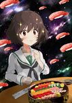  akiyama_yukari black_neckwear blush brown_eyes brown_hair chopsticks collarbone crying crying_with_eyes_open eating eyebrows_visible_through_hair food food_on_face girls_und_panzer gunkanmaki ikura_(food) meme messy_hair neckerchief onoderasan ooarai_school_uniform rice rice_on_face roe school_uniform serafuku short_hair solo soy_sauce space sparkle sushi table tears trembling tuna 