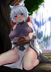  bangs bare_shoulders blush breasts coat covered_nipples eyebrows hat highres hitotsuki_nebura inubashiri_momiji kourindou_tengu_costume large_breasts looking_at_viewer obi off_shoulder open_clothes open_coat open_mouth pom_pom_(clothes) red_eyes sash short_hair sitting solo tokin_hat touhou wariza water waterfall wet white_hair 