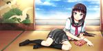  bangs black_hair black_legwear blunt_bangs bow day gift green_eyes hair_ornament hairclip highres kneehighs kurosawa_dia long_hair looking_at_viewer love_live! love_live!_sunshine!! lying mole mole_under_mouth on_side rock.fc school_uniform serafuku sky smile solo tatami uranohoshi_school_uniform 