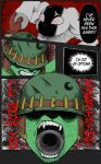 absurd_res angry anthro armor bovid bullet canid canine canis caprine clothing comic damaged_clothing dialogue domestic_dog duo english_text fan_character gigaderp123 hat headgear headwear helmet hi_res male mammal menacing_aura military_cap military_uniform sheep speech_bubble struggling text uniform vein
