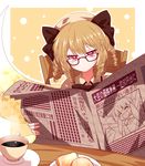  black_bow black_neckwear blonde_hair bow bowtie coffee cup dress drill_hair fairy fairy_wings food glasses hair_bow hat highres horns ibuki_suika luna_child newspaper orange_background reading red_eyes rie-co short_hair solo sparkling_eyes toast touhou white_hat wings 