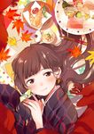  brown_eyes brown_hair chopsticks fly_(marguerite) food highres japanese_clothes leaf long_hair maple_leaf mole mole_under_eye origami paper_crane solo sushi tempura 