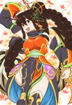  :d bangs braid breasts brown_hair detached_sleeves green_eyes guan_yinping_(p&amp;d) hair_between_eyes hair_bobbles hair_ornament halberd henry_bird_9 holding holding_weapon impossible_clothes knee_up leaf leaf_background long_hair looking_at_viewer medium_breasts open_mouth pelvic_curtain polearm puzzle_&amp;_dragons quad_braids sidelocks smile solo thighhighs very_long_hair weapon 