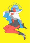  alien blue_eyes blue_hair boots breasts cape cleavage gatchaman gatchaman_crowds gelsadra genderswap gloves high_heel_boots high_heels kugata1 long_hair red_skin 