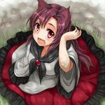  animal_ears brooch brown_hair fangs from_above imaizumi_kagerou jewelry long_hair monrooru nail_polish open_mouth red_eyes red_nails solo touhou wolf_ears 