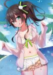  1girl :d absurdres ahoge beach bikini bikini_skirt black_ribbon blue_sky blush body_markings bra breasts brown_hair cat_hair_ornament closed_mouth cloud cloudy_sky commentary_request cowboy_shot day dot_nose dutch_angle frilled_bra frilled_skirt frills front-fastening_bra front-tie_bra green_eyes hair_between_eyes hair_ornament hair_ribbon hands_up heart highres hololive hololive_summer_2022_swimsuit horizon jacket long_sleeves medium_breasts medium_hair midriff natsuiro_matsuri navel ocean official_alternate_costume ontake2009 open_clothes open_jacket outdoors patterned_clothing pink_jacket ribbon side_ponytail skirt sky sleeves_past_wrists smile solo swimsuit tongue tongue_out tree underwear virtual_youtuber water water_drop white_bikini 