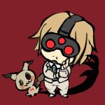  1boy blonde_hair chibi chibi_only closed_mouth commentary crossover danganronpa_(series) danganronpa_3_(anime) english_commentary full_body goggles grey_jacket grey_pants grey_shoes highres jacket mimikyu night_vision_device pants pokemon pokemon_(creature) red_background shoes short_hair simple_background standing suraelis togami_byakuya_(danganronpa_2) 