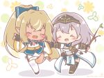  2girls :d ^_^ armored_boots asymmetrical_footwear black_boots black_gloves black_shoes black_thighhighs blue_bow blue_dress blush_stickers boots bow breasts brown_hair chibi cleavage cleavage_cutout closed_eyes clothing_cutout dark-skinned_female dark_skin detached_sleeves dress elf floral_background gloves grey_hair hair_bow high_ponytail highres holding holding_stick hololive large_breasts long_sleeves mismatched_footwear mitarashi_neko multicolored_hair multiple_girls outstretched_arm pleated_dress pointing pointy_ears ponytail shadow shiranui_flare shiranui_flare_(old_design) shirogane_noel shirogane_noel_(1st_costume) shoes single_thighhigh skirt smile stick streaked_hair teeth thighhighs thighhighs_under_boots upper_teeth_only virtual_youtuber white_background white_shoes white_skirt white_sleeves white_thighhighs wide_sleeves 