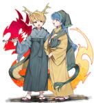  2girls alternate_costume antlers blonde_hair blue_hair blue_kimono commentary dragon_girl dragon_horns dragon_tail full_body fur-tipped_tail green_hair green_hakama green_headscarf green_sash hakama hakama_skirt haniyasushin_keiki headscarf highres holding holding_smoking_pipe horns japanese_clothes keiki8296 kicchou_yachie kimono long_hair long_sleeves multiple_girls obi open_mouth purple_eyes sandals sash short_hair skirt smile smoking_pipe socks tail touhou turtle_shell white_socks yellow_eyes yellow_horns yellow_kimono 