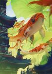  1girl animal black_hair blue_sky chinese_clothes fish flying_fish hanfu highres kantakerro koi lotus_leaf on_roof original oversized_animal oversized_plant pagoda pointy_ears sitting_on_roof sky 