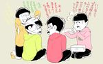  angry bandaged_head bandages bandaid bandaid_on_face black_hair blood brothers bruise first_aid_kit grey_background hood hoodie indian_style injury kneeling looking_at_another male_focus matsuno_choromatsu matsuno_juushimatsu matsuno_osomatsu matsuno_todomatsu multiple_boys norujiro nosebleed osomatsu-kun osomatsu-san seiza siblings simple_background sitting sleeves_past_wrists slippers smile translation_request triangle_mouth 