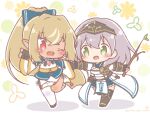  2girls :d ;d armored_boots asymmetrical_footwear black_boots black_gloves black_shoes black_thighhighs blue_bow blue_dress blush_stickers boots bow breasts brown_hair chibi cleavage cleavage_cutout clothing_cutout commentary_request dark-skinned_female dark_skin detached_sleeves dress elf floral_background gloves green_eyes grey_hair hair_bow high_ponytail highres holding holding_stick hololive large_breasts long_sleeves mismatched_footwear mitarashi_neko multicolored_hair multiple_girls one_eye_closed outstretched_arm pleated_dress pointing pointy_ears ponytail red_eyes shadow shiranui_flare shiranui_flare_(old_design) shirogane_noel shirogane_noel_(1st_costume) shoes single_thighhigh skirt smile stick streaked_hair teeth thighhighs thighhighs_under_boots upper_teeth_only virtual_youtuber white_background white_shoes white_skirt white_sleeves white_thighhighs wide_sleeves 