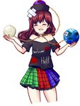  bare_shoulders chain closed_eyes clothes_writing collar collarbone cowboy_shot crossed_bandaids crying earth hat hecatia_lapislazuli miniskirt moon multicolored multicolored_clothes multicolored_skirt off_shoulder open_mouth polos_crown red_hair shirt skirt solo tears touhou uranaishi_(miraura) 
