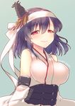  armor bare_shoulders black_hair blush breasts detached_sleeves hair_between_eyes hair_ornament headband highres japanese_clothes kantai_collection large_breasts looking_at_viewer nontraditional_miko red_eyes remodel_(kantai_collection) short_hair simple_background smile solo tahya twitter_username yamashiro_(kantai_collection) 