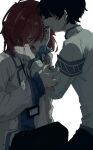  2boys absurdres armband black_pants blood blood_on_cheek blood_on_hands blue_armband blue_sweater chinese_commentary coat commentary_request dog_tags handkerchief_biting highres holding_dog_tags hyoutenka_30-do_no_zetsubou id_card kuchinashi_dabi lapels male_focus mitsudomoe_koubou_(series) mole mole_under_eye multiple_boys pants sanpaku shi_zi34953 simple_background surprised sweat sweater tonimura_yui white_background white_coat wide-eyed 