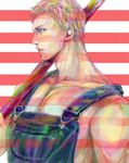  bandana billy_kane blonde_hair blue_eyes denim fatal_fury fingerless_gloves flag flag_print gloves jeans male_focus muscle pants profile solo staff striped striped_background the_king_of_fighters yk 