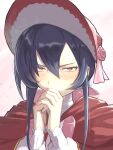  1girl black_hair bonnet cape commentary_request flower hair_between_eyes hat hat_flower high_collar highres kivia_patausche long_hair looking_at_viewer n_furaibou orange_eyes own_hands_clasped own_hands_together red_bonnet red_cape rose shirt sidelocks simple_background solo sweat white_background white_shirt yuushakei_ni_shosu 
