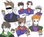  6+boys animification antenna_hair bags_under_eyes baseball_cap beard_stubble black_coat black_necktie black_vest blue_coat blue_shirt brown_hair burn_scar candy coat collared_shirt commentary_request curtained_hair cyborg drawstring dual_persona edd_(eddsworld) eddsworld eko_endure epaulettes episode_title facial_hair flipped_hair food food_in_mouth fun_dead_kid_(eddsworld) future_edd_(eddsworld) future_matt_(eddsworld) future_tom_(eddsworld) green_eyes green_hoodie green_jacket grey_eyes hair_behind_ear hair_ears hat head-mounted_display hood hood_down hoodie jacket jitome korean_commentary lollipop lollipop_in_mouth male_focus matt_(eddsworld) mechanical_eyes military_coat military_uniform multiple_boys necktie open_clothes open_coat open_jacket orange_hair patryck_(eddsworld) paul_(eddsworld) protected_link purple_eyes purple_hoodie purple_sweater red_army_logo_(eddsworld) red_hoodie red_leader_(eddsworld) red_sweater scar shirt short_hair simple_background single_mechanical_eye sketch smile spiked_hair stubble sweater swept_bangs thick_eyebrows tom_(eddsworld) tord_(eddsworld) trench_coat turtleneck vest white_background white_hat 