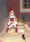  absurdres apron ascot blonde_hair blue_eyes book boots cat door dress ellen full_body hairband highres lamase_(41) long_hair looking_at_viewer open_book outdoors puffy_sleeves red_footwear short_sleeves sitting smile sokrates_(touhou) stairs touhou touhou_(pc-98) waist_apron wrist_cuffs 
