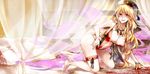  adapted_costume alternate_costume bed blonde_hair blush breasts canopy_bed cleavage hat highres jewelry junko_(touhou) kikuichi_monji large_breasts long_hair looking_at_viewer navel necklace nose_blush red_eyes smile solo thigh_strap touhou 