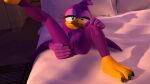 3d_(artwork) anthro avian avian_feet beak bed bird blender_(artwork) blender_cycles_(artwork) blue_eyes breasts dargotdruid digital_media_(artwork) eyelashes feathers feet female front_view furniture genitals head_feathers head_tuft hirundinid looking_at_viewer lying nude on_back on_bed oscine passerine purple_body purple_feathers raised_leg sega small_breasts solo sonic_riders sonic_the_hedgehog_(series) swallow_(bird) talons thick_thighs toes tuft vulva wave_the_swallow wide_hips