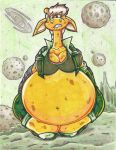 2017 anthro belly big_belly big_breasts boots bottomwear breasts brown_eyes brown_hair clothing cybernetic_arm cybernetic_limb duo female footwear fur galaxy giraffe giraffid hair huge_belly huge_breasts jacket kneeling luray_giraffe mammal markings navel planet pregnant pregnant_anthro pregnant_female shoes shorts sky solo space spots spotted_body spotted_fur star starry_sky teeth thick_thighs topwear traditional_media_(artwork) virus-20 yellow_body yellow_fur