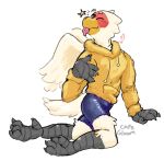 2024 accipitriform anthro avian back_wings beak bird blep blue_bottomwear blue_clothing blue_shorts blush bottomwear capegloam clip_studio_paint_(artwork) clothed clothing colored_sketch digital_drawing_(artwork) digital_media_(artwork) emanata feathers fully_clothed heart_symbol hi_res hoodie kneeling male martin_(martindosent) one_eye_closed pink_tongue red_blush secretary_bird shaded shorts simple_background sketch solo star_emanata tail tail_feathers tongue tongue_out topwear white_background white_body white_feathers wings wink yellow_beak yellow_clothing yellow_hoodie yellow_topwear