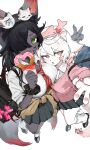  1boy 1girl absurdres animal_ears animal_hands animal_on_head backpack bag balloon balloon_animal black_fur black_hair blush bow bracelet breasts cardigan cat cat_on_head clothes_around_waist collared_shirt crying donut food fox fox_boy fox_ears fox_girl fox_tail from_above furry furry_female furry_male gradient_hair green_eyes grey_skirt gyaru hair_bow hair_over_one_eye headband heart heart-shaped_donut heart-shaped_food heterochromia highres holding holding_food huge_breasts jewelry kyouwa_school_uniform large_breasts loafers long_hair looking_at_viewer male_focus medium_hair multicolored_hair nashinoro_kikuri necktie niisha_(nashinoro_kikuri) on_head orange_eyes original parted_lips pink_bow pink_cardigan pink_sweater plaid_clothes plaid_skirt red_bow red_necktie red_tail school_uniform scrunchie shirt shoes shoulder_bag simple_background skirt socks striped_clothes striped_necktie sweater sweater_around_waist tail tears trap white_background white_fur white_hair white_shirt white_socks wrist_scrunchie 