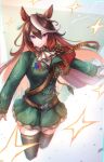  1girl absurdres aiguillette animal_ears ascot black_thighhighs brown_hair buttons cape closed_mouth double-breasted epaulettes gloves green_jacket green_skirt hair_between_eyes highres horse_ears horse_girl jacket long_hair long_sleeves looking_at_viewer medal multicolored_hair purple_eyes red_cape revision rou_senka side_cape single_epaulette skirt smile streaked_hair symboli_rudolf_(emperor's_path)_(umamusume) symboli_rudolf_(umamusume) thighhighs umamusume white_ascot white_gloves white_hair 