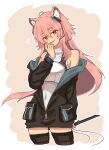  1girl :d ahoge animal_ear_fluff animal_ears arknights armor bare_shoulders black_jacket blush breastplate brown_background brown_eyes brown_thighhighs covered_navel cropped_legs gravel_(arknights) hand_on_own_face head_tilt headset heart highres holding holding_weapon infection_monitor_(arknights) jacket leotard leotard_under_clothes long_hair long_sleeves looking_at_viewer mabing open_clothes open_jacket open_mouth partially_unzipped pink_hair smile solo thighhighs two-tone_background weapon white_leotard zettai_ryouiki zipper_pull_tab 
